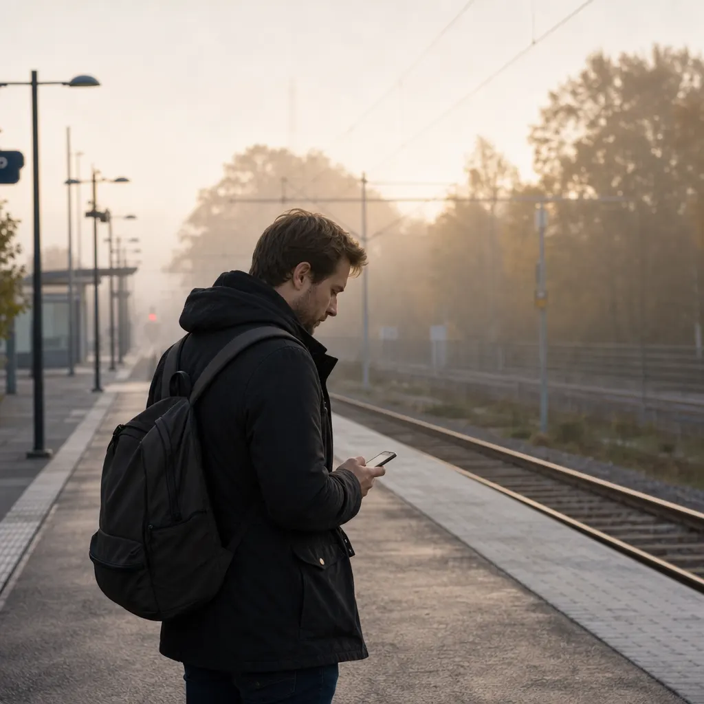 Svensk resenär vid europeisk tågstation med mobiltelefonen.