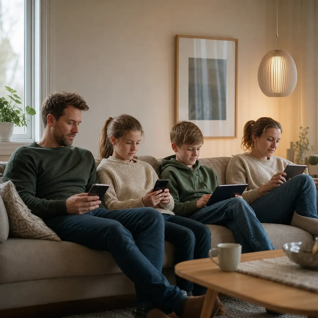 Svensk familj i soffa, alla med varsin mobil eller surfplatta.