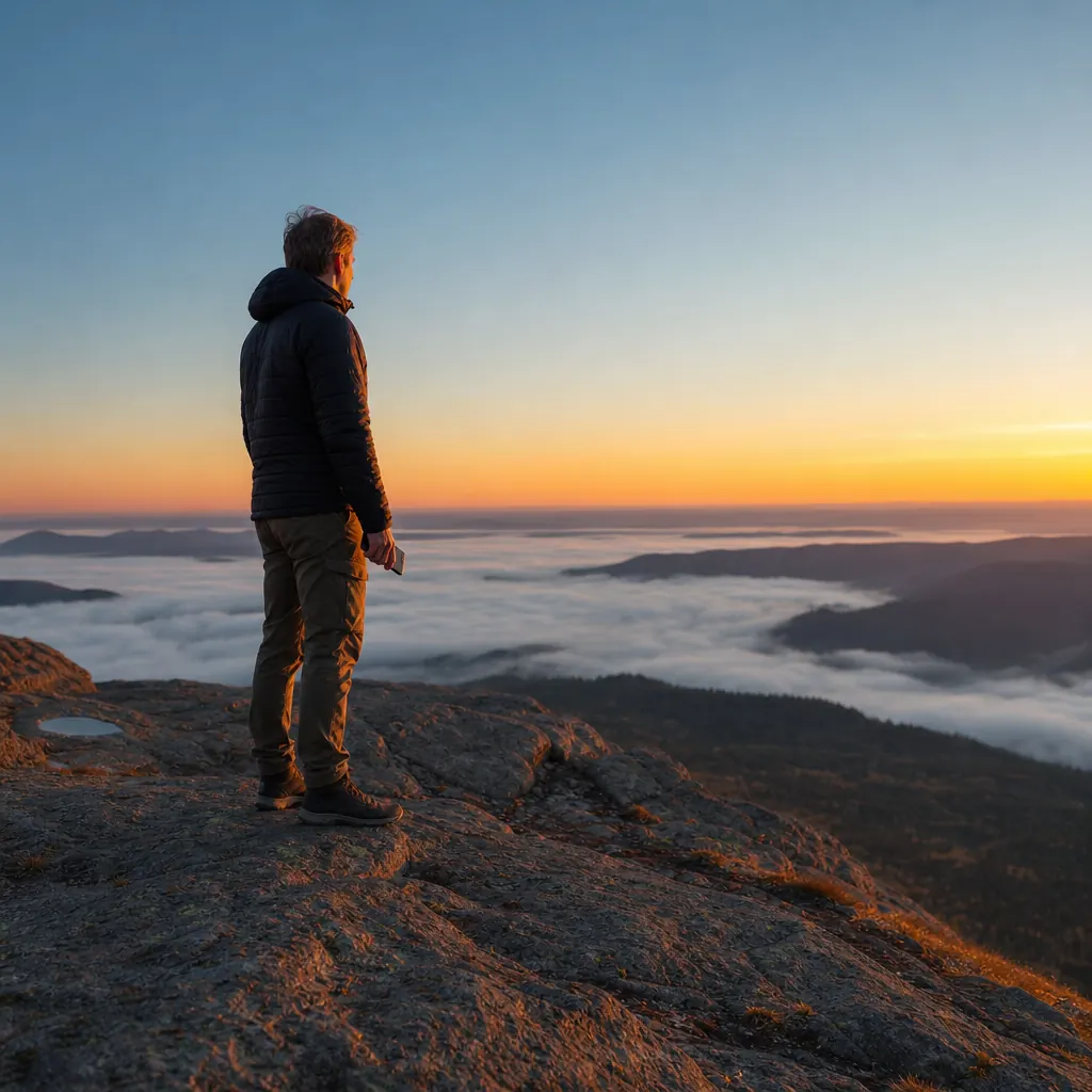 Person står på svensk klippa vid skymning med mobiltelefonen i handen.