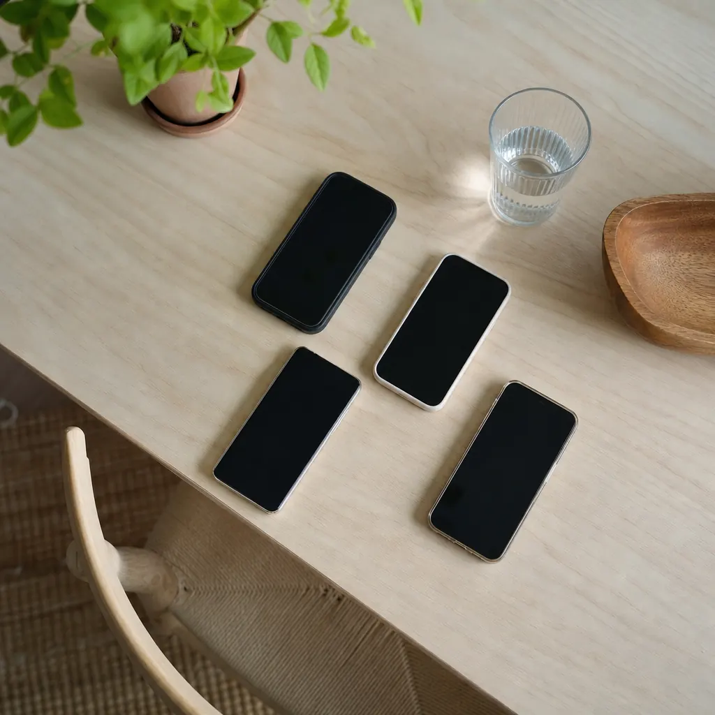Flera mobiltelefoner på trämöbel — operatörsöversikt.