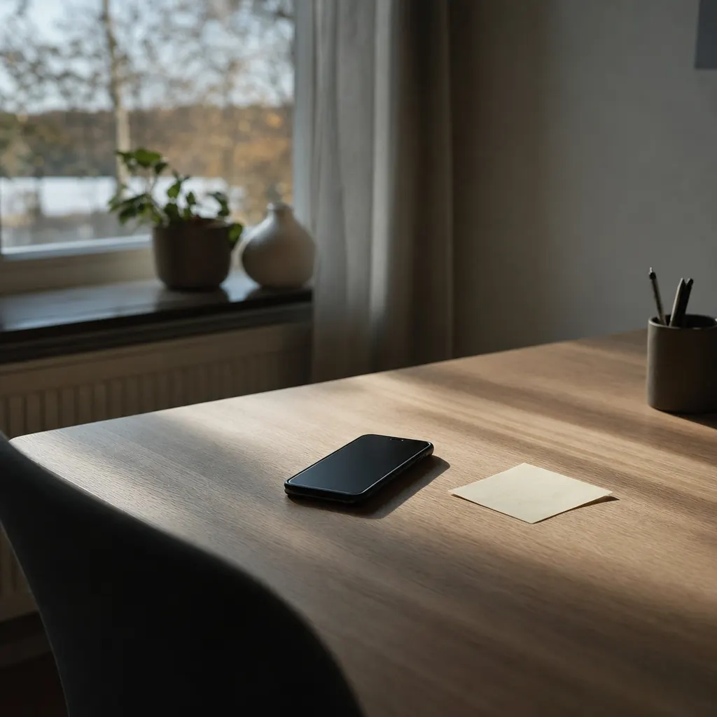 Tomt skrivbord med avslagen smartphone i mitten.