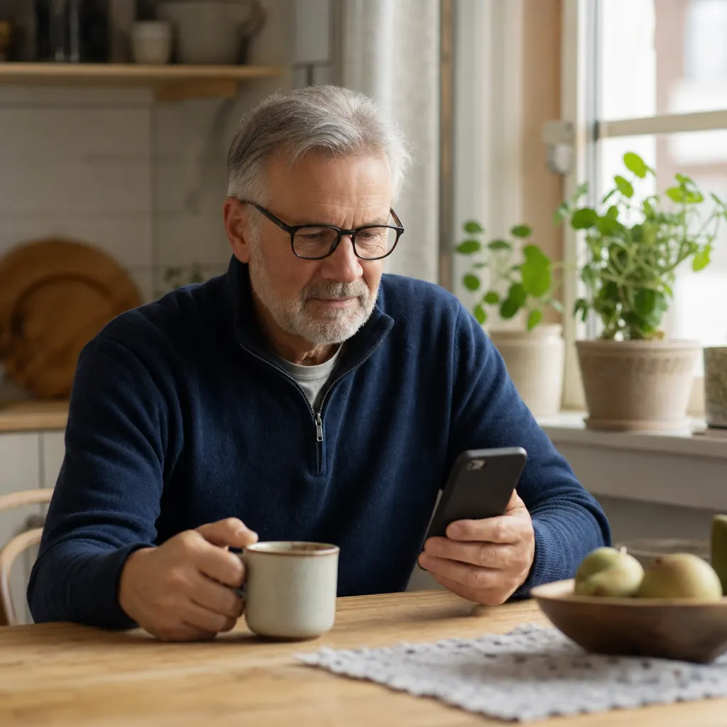Generisk äldre svensk vid köksbord med mobiltelefonen i handen.