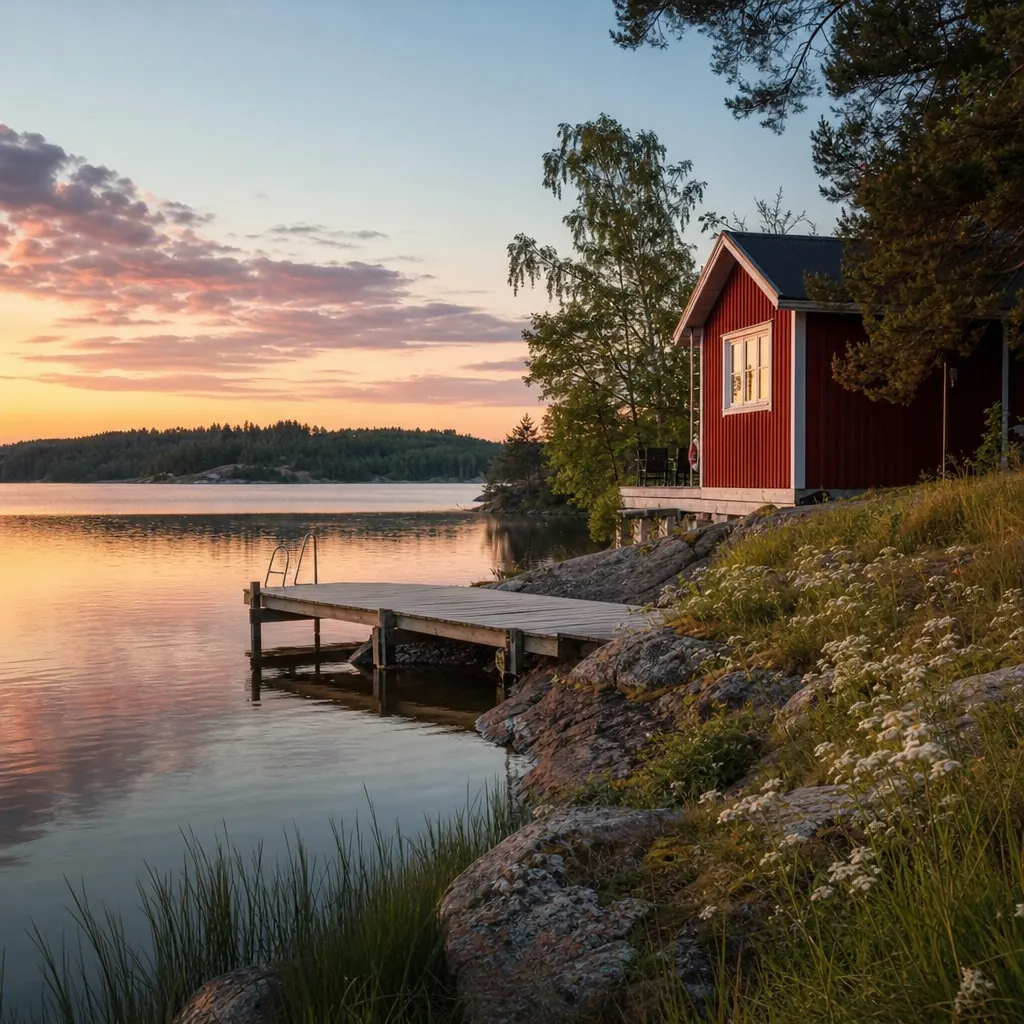 Svensk röd stuga vid skog och sjö.