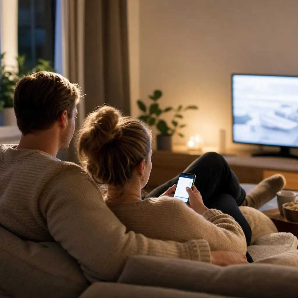 Par i soffa med TV och mobil — streaming-vardag.