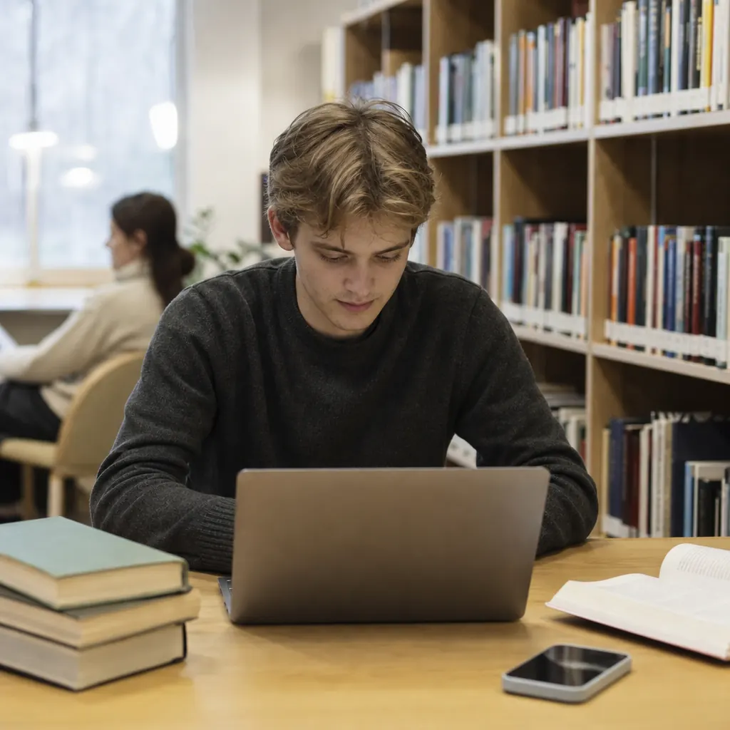Generisk student vid laptop med mobiltelefon på bordet.