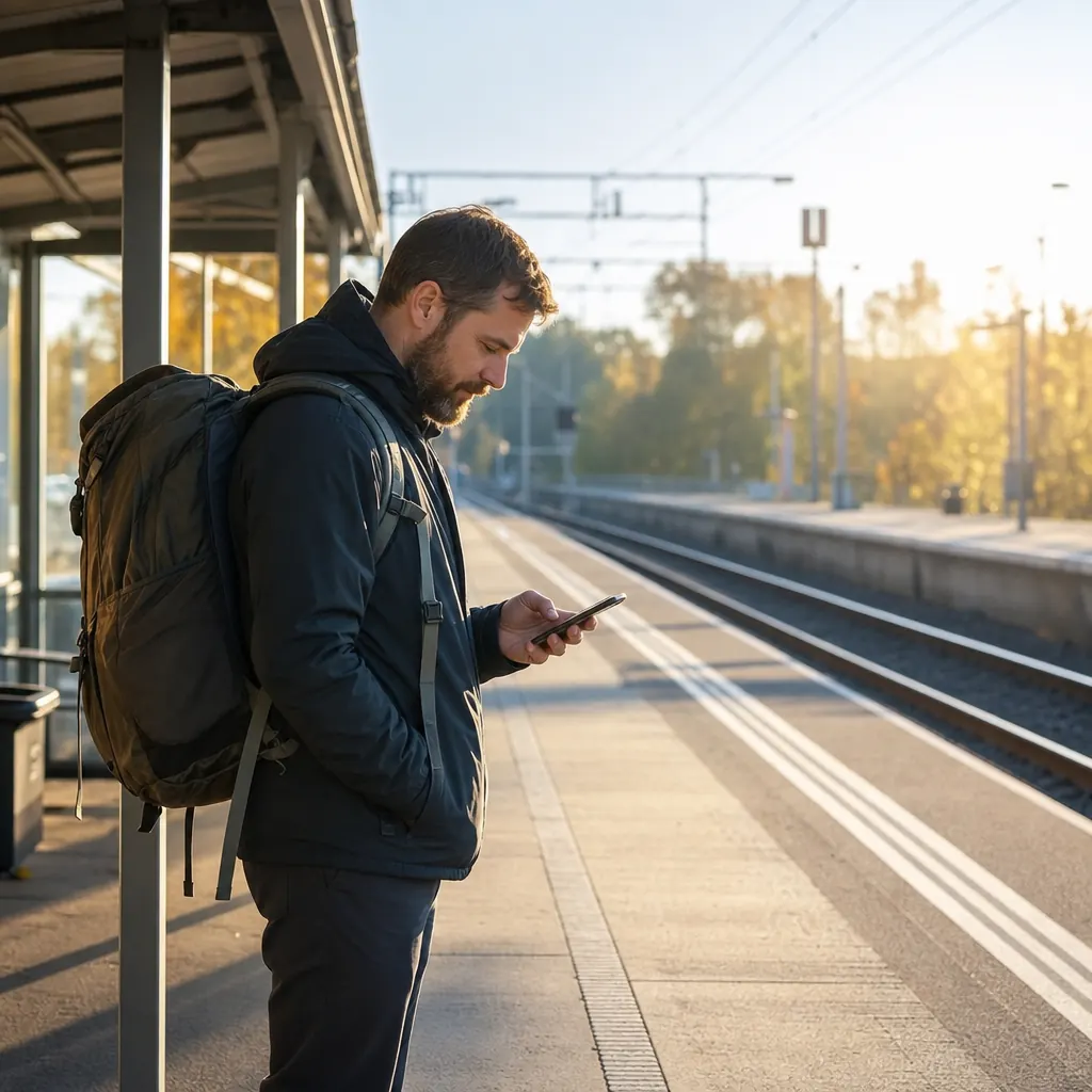 Svensk resenär vid europeisk gata med mobiltelefonen i handen.
